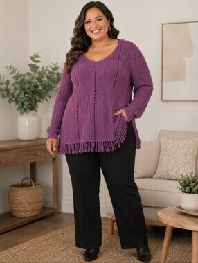 Susan Graver Purple V-Neck Fringe Knit Sweater - Women